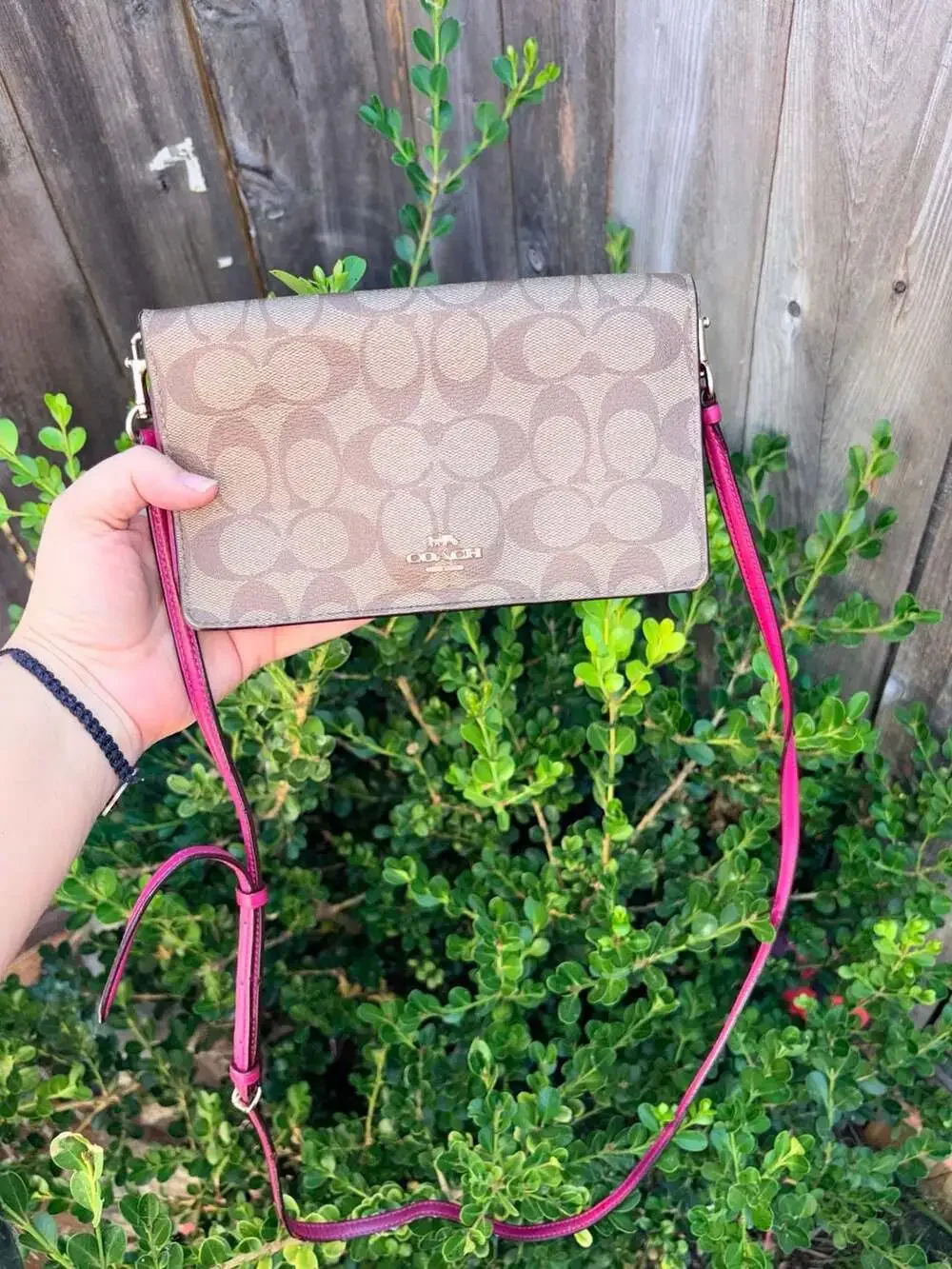 Coach Anna Foldover Clutch Crossbody Bag in Signature Canvas Khaki and Pink